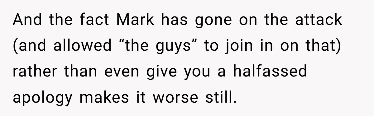 And the fact Mark has gone on the attack (and allowed “the guys” to join in on that) rather than even give you a halfassed apology makes it worse still.