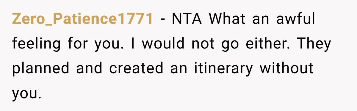 Zero_Patience1771 − NTA What an awful feeling for you. I would not go either. They planned and created an itinerary without you.