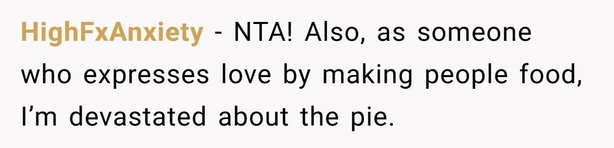 HighFxAnxiety − NTA! Also, as someone who expresses love by making people food, I’m devastated about the pie.