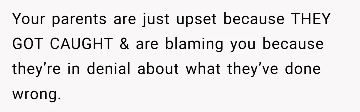 Your parents are just upset because THEY GOT CAUGHT & are blaming you because they’re in denial about what they’ve done wrong.