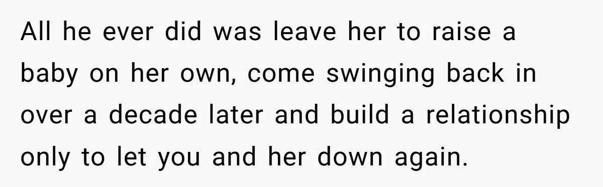 All he ever did was leave her to raise a baby on her own, come swinging back in over a decade later and build a relationship only to let you...