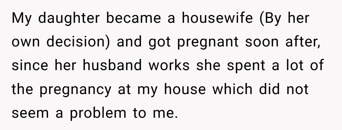 My daughter became a housewife (By her own decision) and got pregnant soon after, since her husband works she spent a lot of the pregnancy at my house which did...