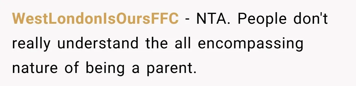 WestLondonIsOursFFC − NTA. People don't really understand the all encompassing nature of being a parent.