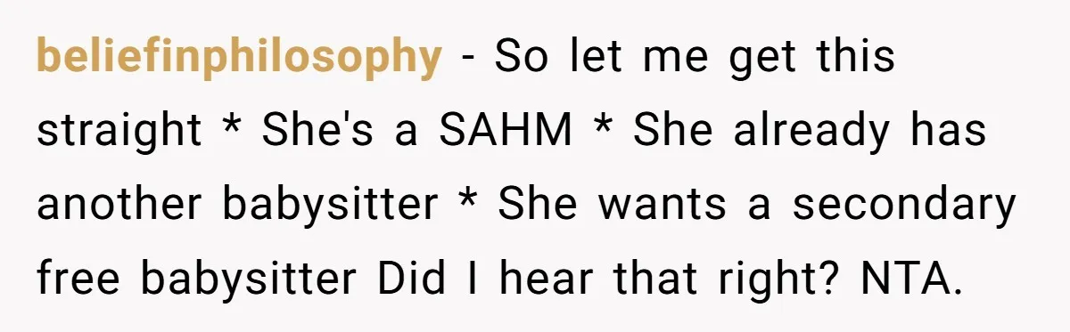 beliefinphilosophy − So let me get this straight * She's a SAHM * She already has another babysitter * She wants a secondary free babysitter Did I hear that right?...