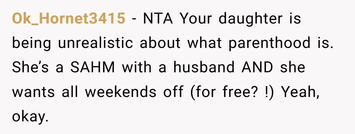 Ok_Hornet3415 − NTA Your daughter is being unrealistic about what parenthood is. She’s a SAHM with a husband AND she wants all weekends off (for free? !) Yeah, okay.