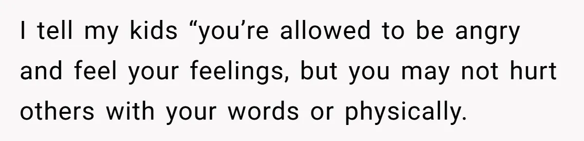I tell my kids “you’re allowed to be angry and feel your feelings, but you may not hurt others with your words or physically.