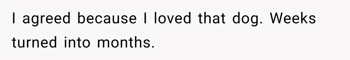 I agreed because I loved that dog. Weeks turned into months.