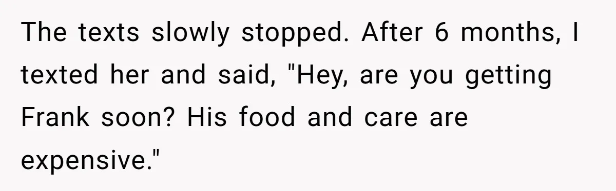 The texts slowly stopped. After 6 months, I texted her and said, "Hey, are you getting Frank soon? His food and care are expensive."