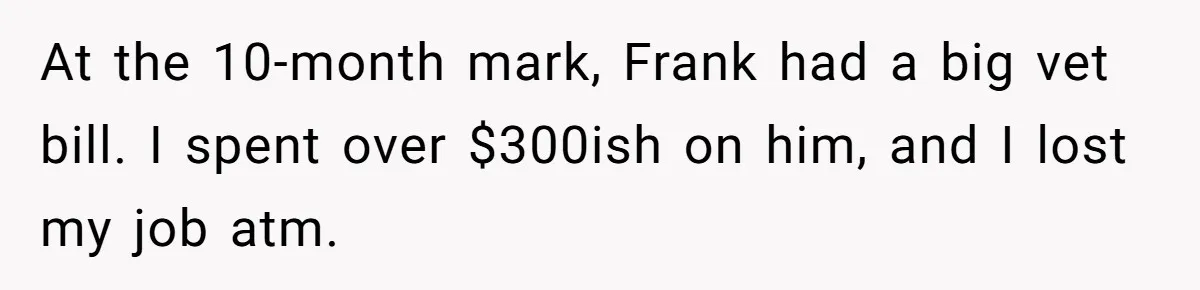 At the 10-month mark, Frank had a big vet bill. I spent over $300ish on him, and I lost my job atm.
