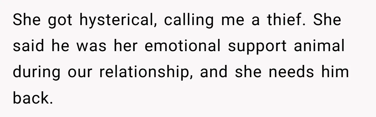 She got hysterical, calling me a thief. She said he was her emotional support animal during our relationship, and she needs him back.