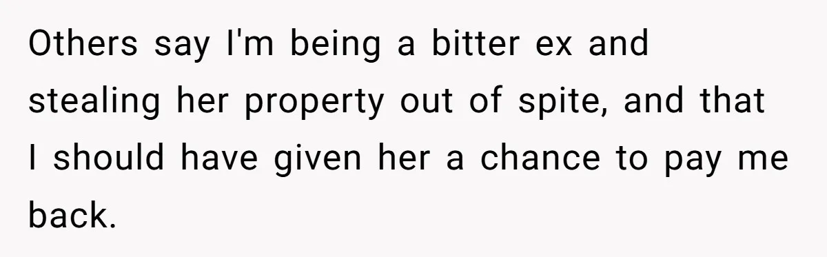 Others say I'm being a bitter ex and stealing her property out of spite, and that I should have given her a chance to pay me back.