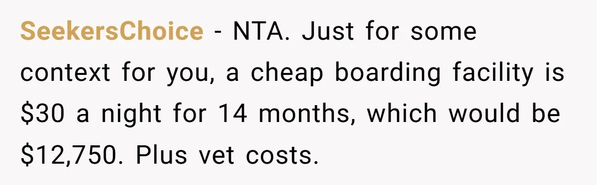SeekersChoice − NTA. Just for some context for you, a cheap boarding facility is $30 a night for 14 months, which would be $12,750. Plus vet costs.
