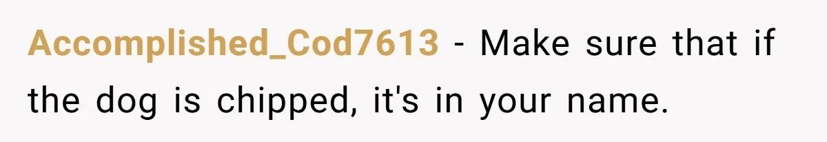 Accomplished_Cod7613 − Make sure that if the dog is chipped, it's in your name.