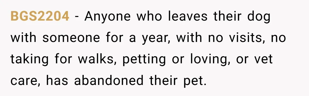 BGS2204 − Anyone who leaves their dog with someone for a year, with no visits, no taking for walks, petting or loving, or vet care, has abandoned their pet.