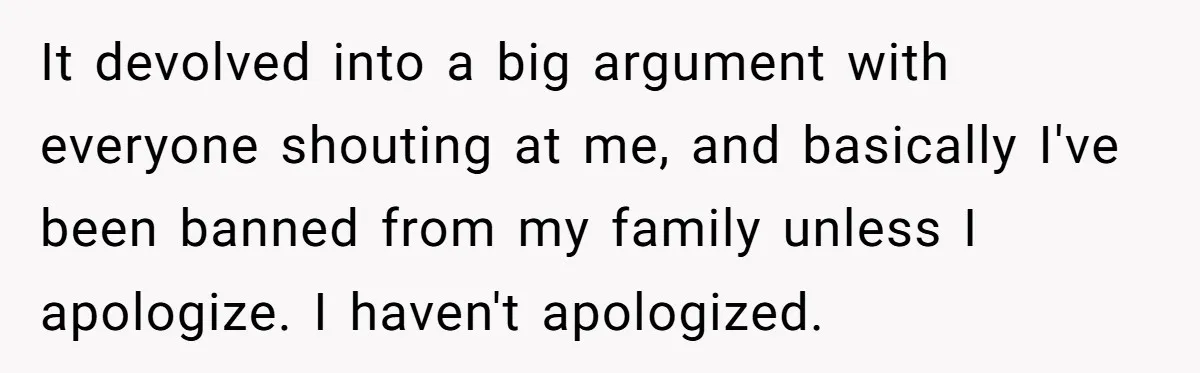 It devolved into a big argument with everyone shouting at me, and basically I've been banned from my family unless I apologize. I haven't apologized.