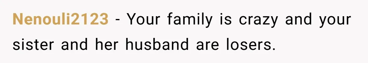 Nenouli2123 − Your family is crazy and your sister and her husband are losers.