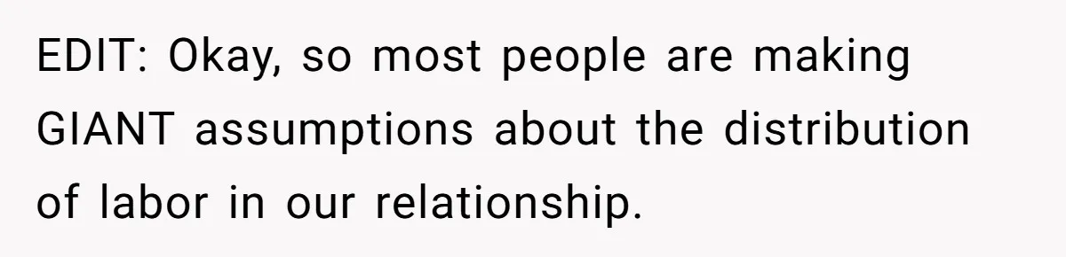 EDIT: Okay, so most people are making GIANT assumptions about the distribution of labor in our relationship.