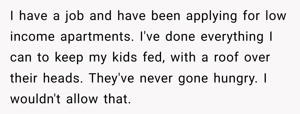 I have a job and have been applying for low income apartments. I've done everything I can to keep my kids fed, with a roof over their heads. They've never...