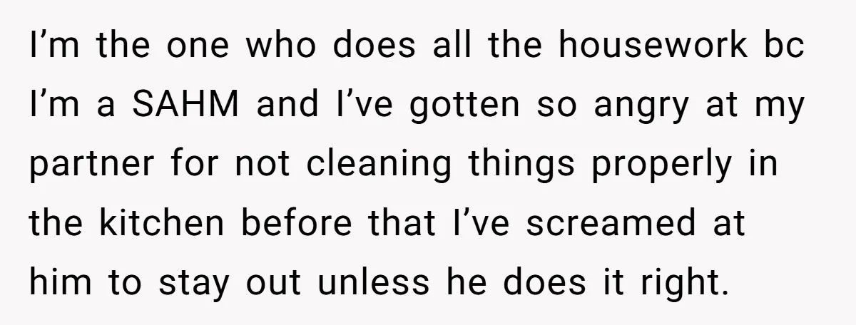I’m the one who does all the housework bc I’m a SAHM and I’ve gotten so angry at my partner for not cleaning things properly in the kitchen before that...