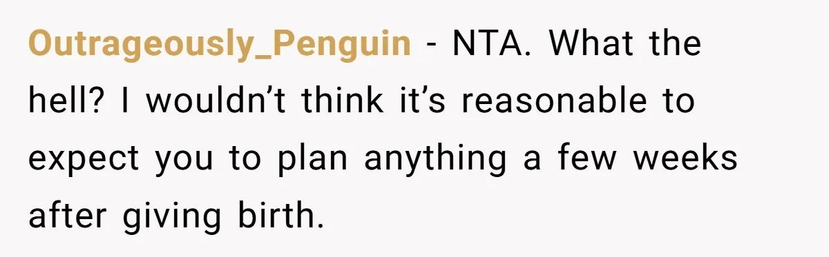 Outrageously_Penguin − NTA. What the hell? I wouldn’t think it’s reasonable to expect you to plan anything a few weeks after giving birth.