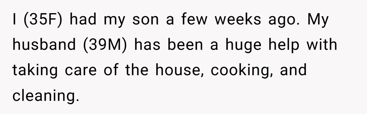 I (35F) had my son a few weeks ago. My husband (39M) has been a huge help with taking care of the house, cooking, and cleaning.