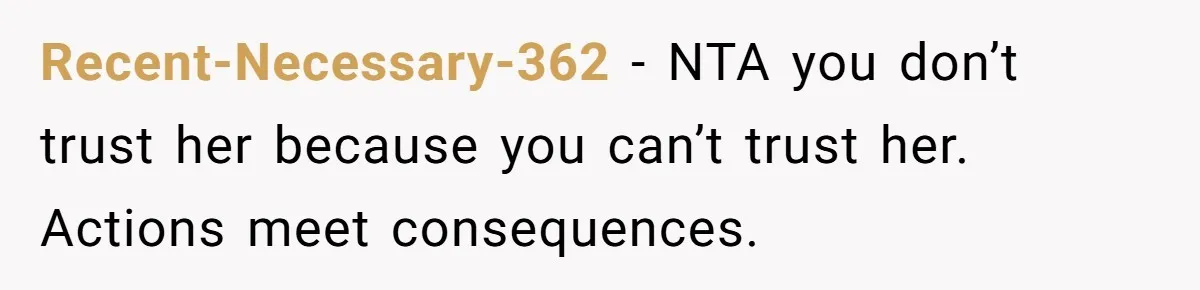 Recent-Necessary-362 − NTA you don’t trust her because you can’t trust her. Actions meet consequences.
