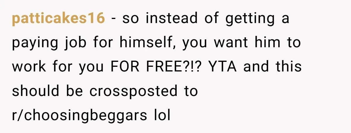 patticakes16 − so instead of getting a paying job for himself, you want him to work for you FOR FREE?!? YTA and this should be crossposted to r/choosingbeggars lol
