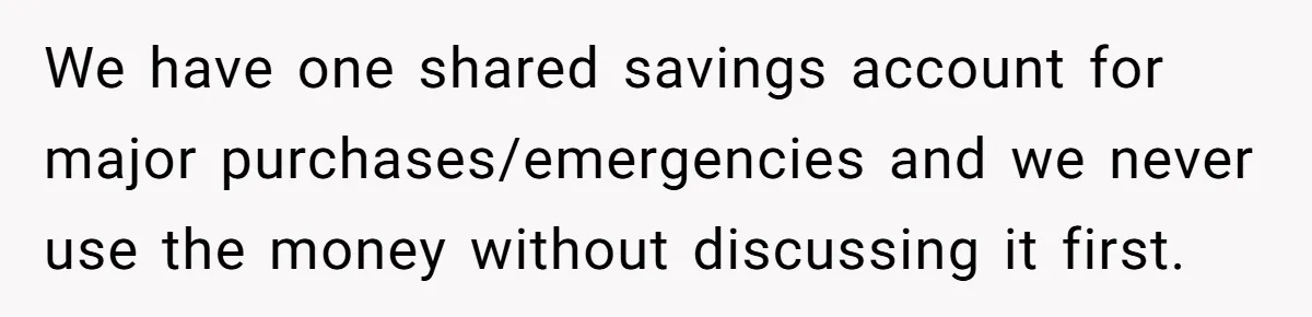 We have one shared savings account for major purchases/emergencies and we never use the money without discussing it first.