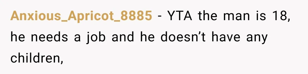 Anxious_Apricot_8885 − YTA the man is 18, he needs a job and he doesn’t have any children,