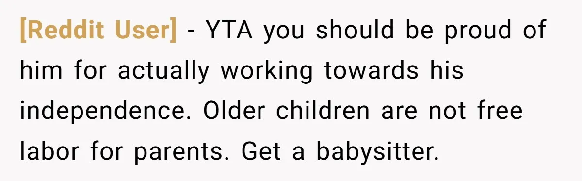 [Reddit User] − YTA you should be proud of him for actually working towards his independence. Older children are not free labor for parents. Get a babysitter.