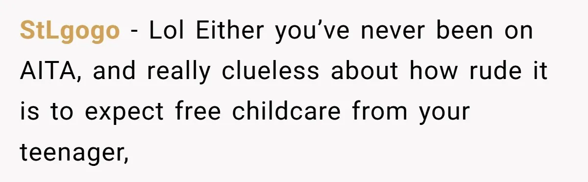 StLgogo − Lol Either you’ve never been on AITA, and really clueless about how rude it is to expect free childcare from your teenager,
