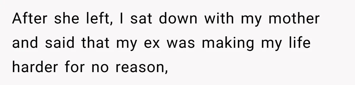 After she left, I sat down with my mother and said that my ex was making my life harder for no reason,