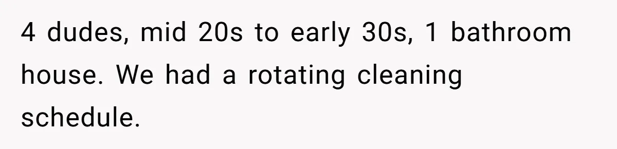 4 dudes, mid 20s to early 30s, 1 bathroom house. We had a rotating cleaning schedule.