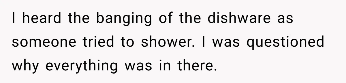 I heard the banging of the dishware as someone tried to shower. I was questioned why everything was in there.