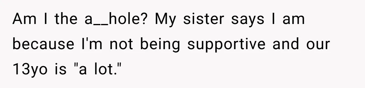 Am I the a__hole? My sister says I am because I'm not being supportive and our 13yo is "a lot."