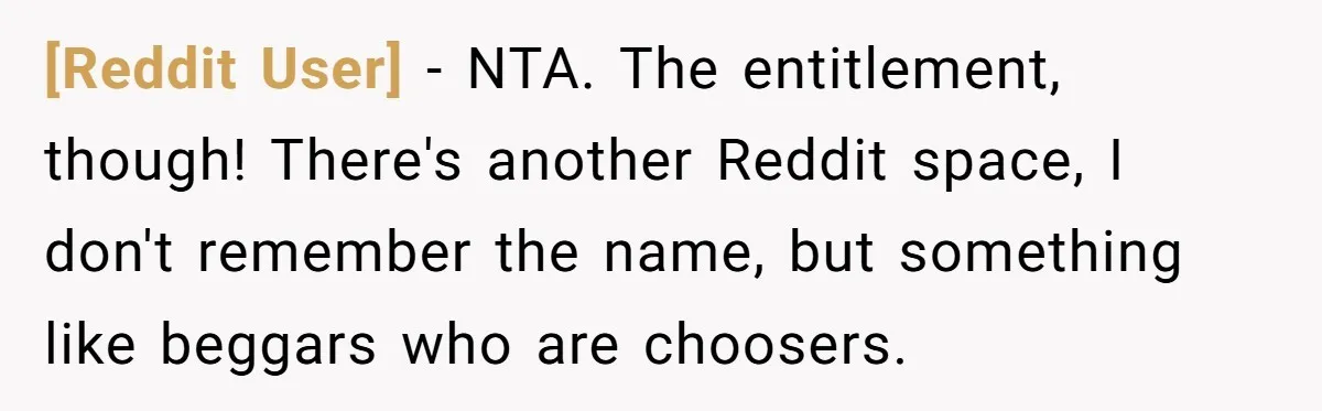 [Reddit User] − NTA. The entitlement, though! There's another Reddit space, I don't remember the name, but something like beggars who are choosers.