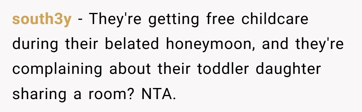 south3y − They're getting free childcare during their belated honeymoon, and they're complaining about their toddler daughter sharing a room? NTA.