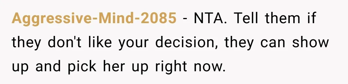 Aggressive-Mind-2085 − NTA.​ Tell them if they don't like your decision, they can show up and pick her up right now.