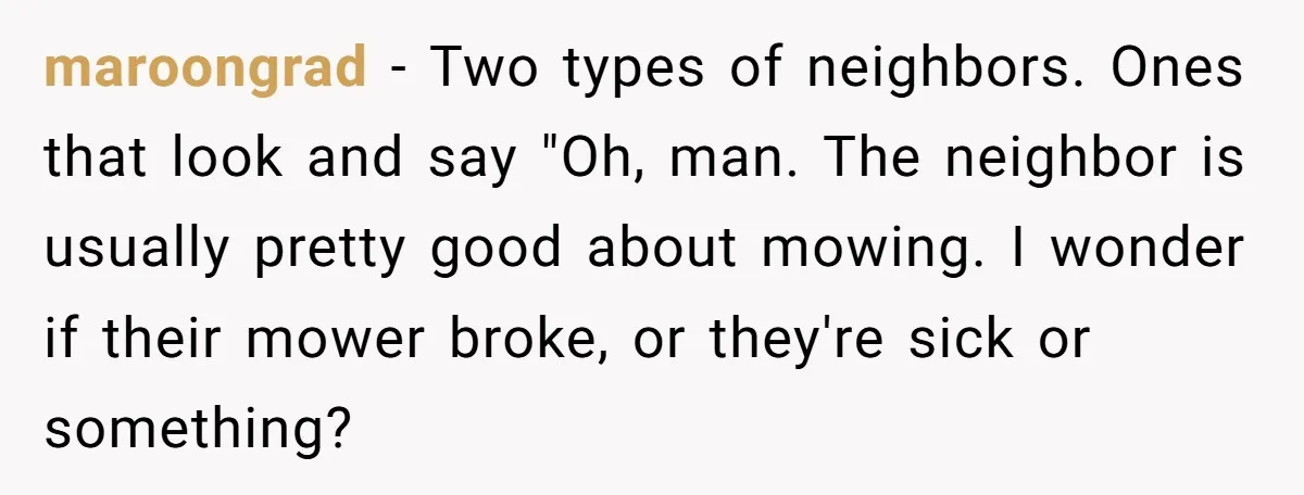 maroongrad − Two types of neighbors. Ones that look and say "Oh, man. The neighbor is usually pretty good about mowing. I wonder if their mower broke, or they're sick...