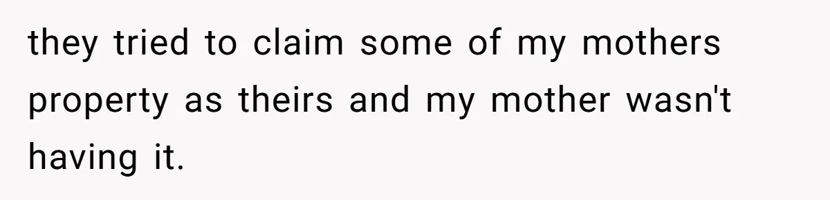 they tried to claim some of my mothers property as theirs and my mother wasn't having it.