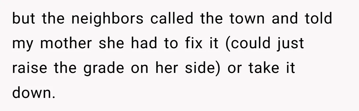 but the neighbors called the town and told my mother she had to fix it (could just raise the grade on her side) or take it down.
