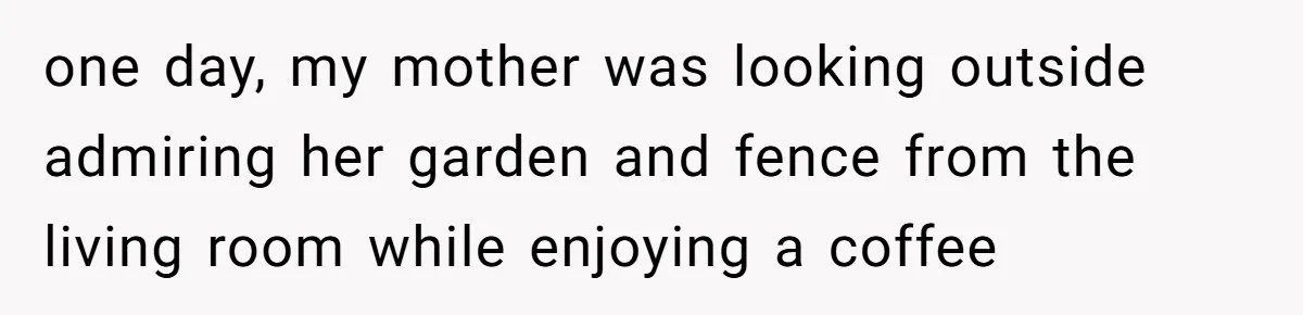 one day, my mother was looking outside admiring her garden and fence from the living room while enjoying a coffee