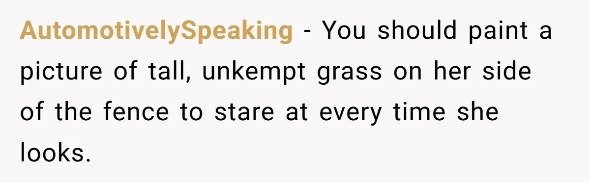 AutomotivelySpeaking − You should paint a picture of tall, unkempt grass on her side of the fence to stare at every time she looks.