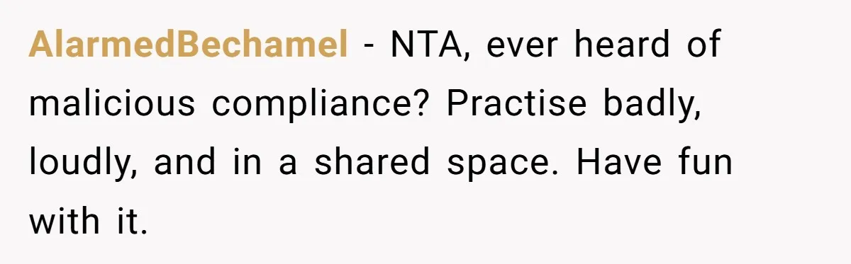 AlarmedBechamel − NTA, ever heard of malicious compliance? Practise badly, loudly, and in a shared space. Have fun with it.