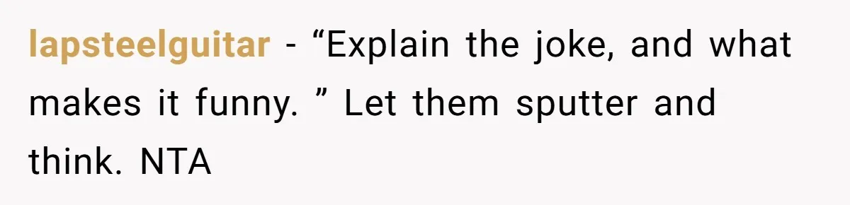 lapsteelguitar − “Explain the joke, and what makes it funny. ” Let them sputter and think. NTA