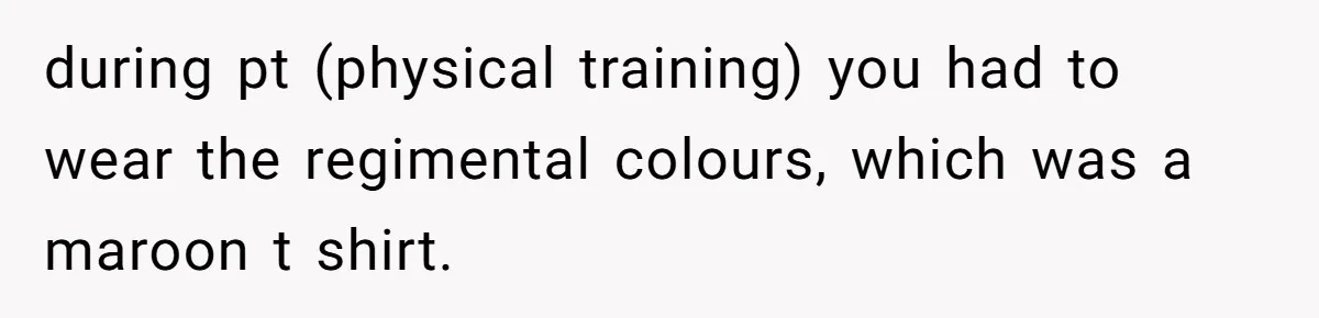 during pt (physical training) you had to wear the regimental colours, which was a maroon t shirt.