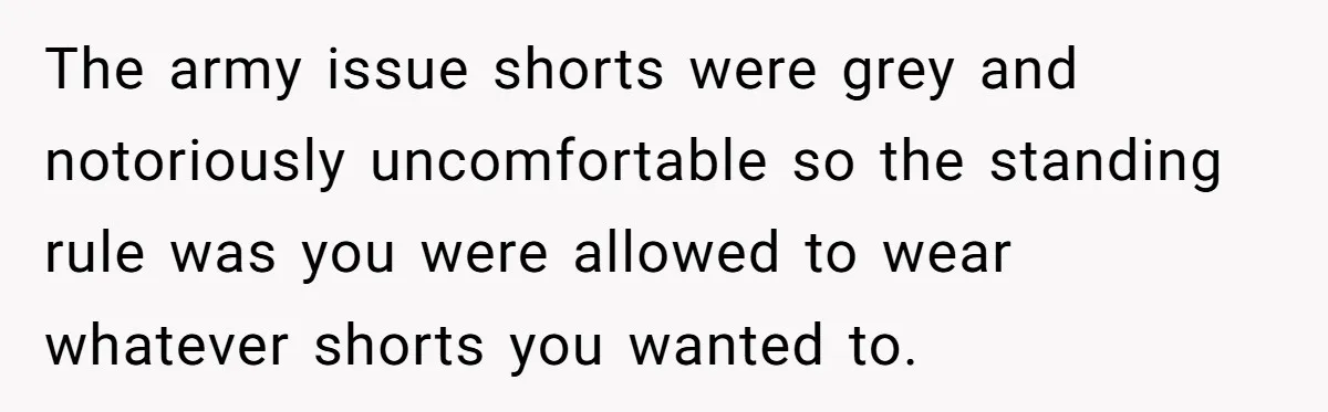 The army issue shorts were grey and notoriously uncomfortable so the standing rule was you were allowed to wear whatever shorts you wanted to.
