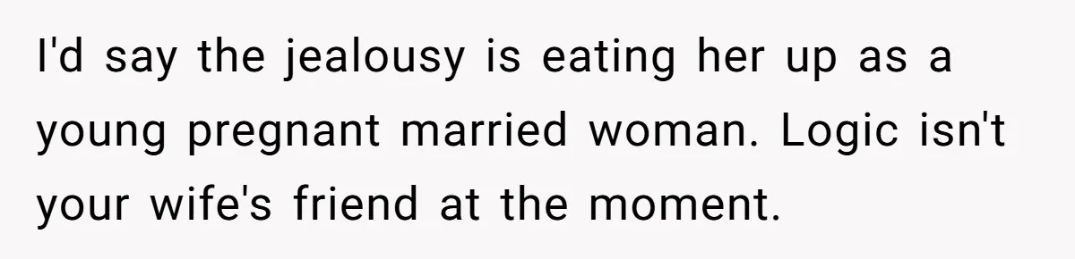 I'd say the jealousy is eating her up as a young pregnant married woman. Logic isn't your wife's friend at the moment.