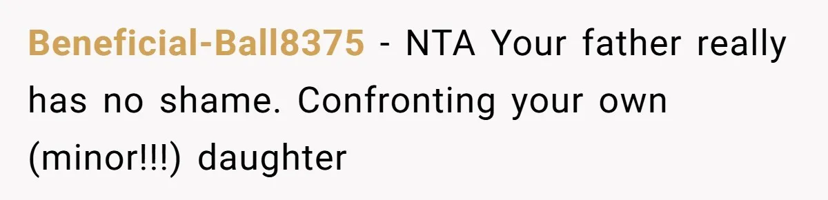 Beneficial-Ball8375 − NTA Your father really has no shame. Confronting your own (minor!!!) daughter