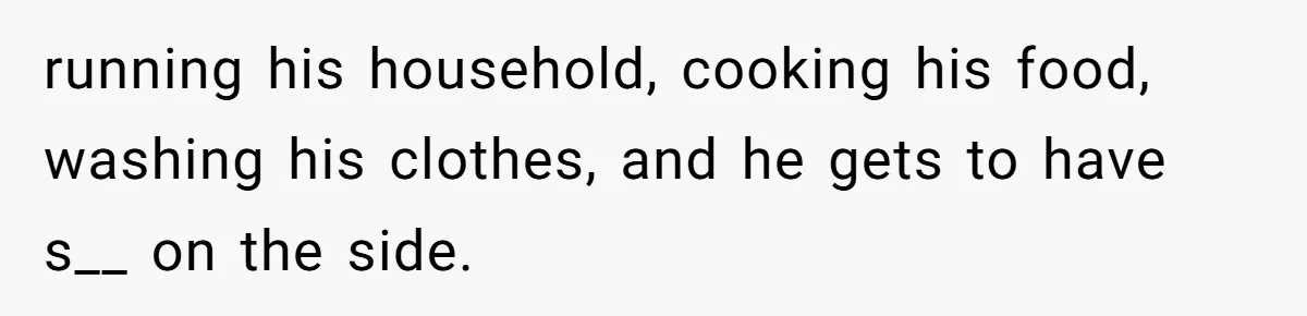 running his household, cooking his food, washing his clothes, and he gets to have s__ on the side.